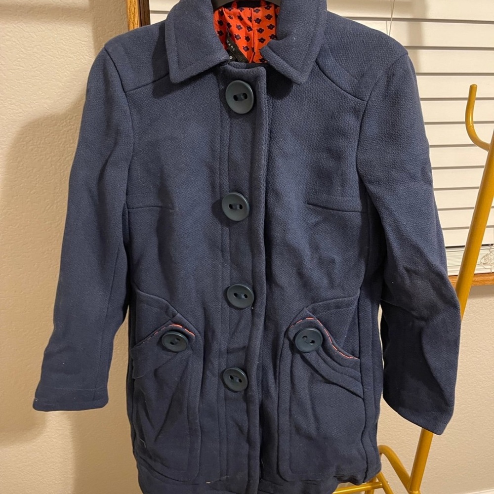 Stylish Navy Blue Coat with Red Polka Dot Lining